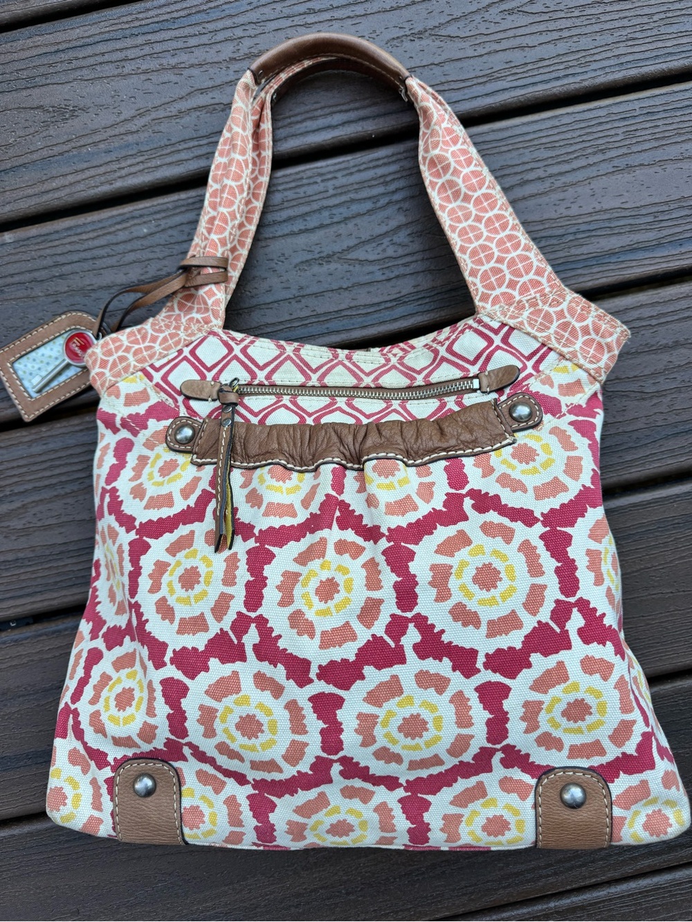 Fossil Red, Pink & Yellow Floral Hobo with Tan Trim
